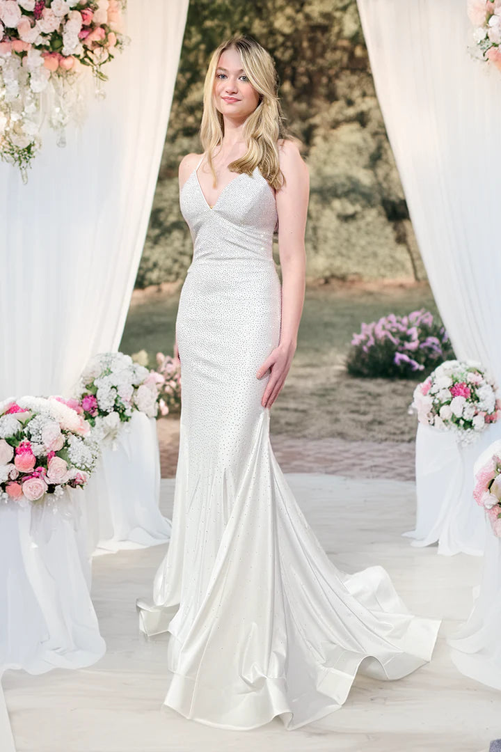 Timeless & Elegant White Mermaid Style Satin Wedding Gown with Rhinestone Accents
