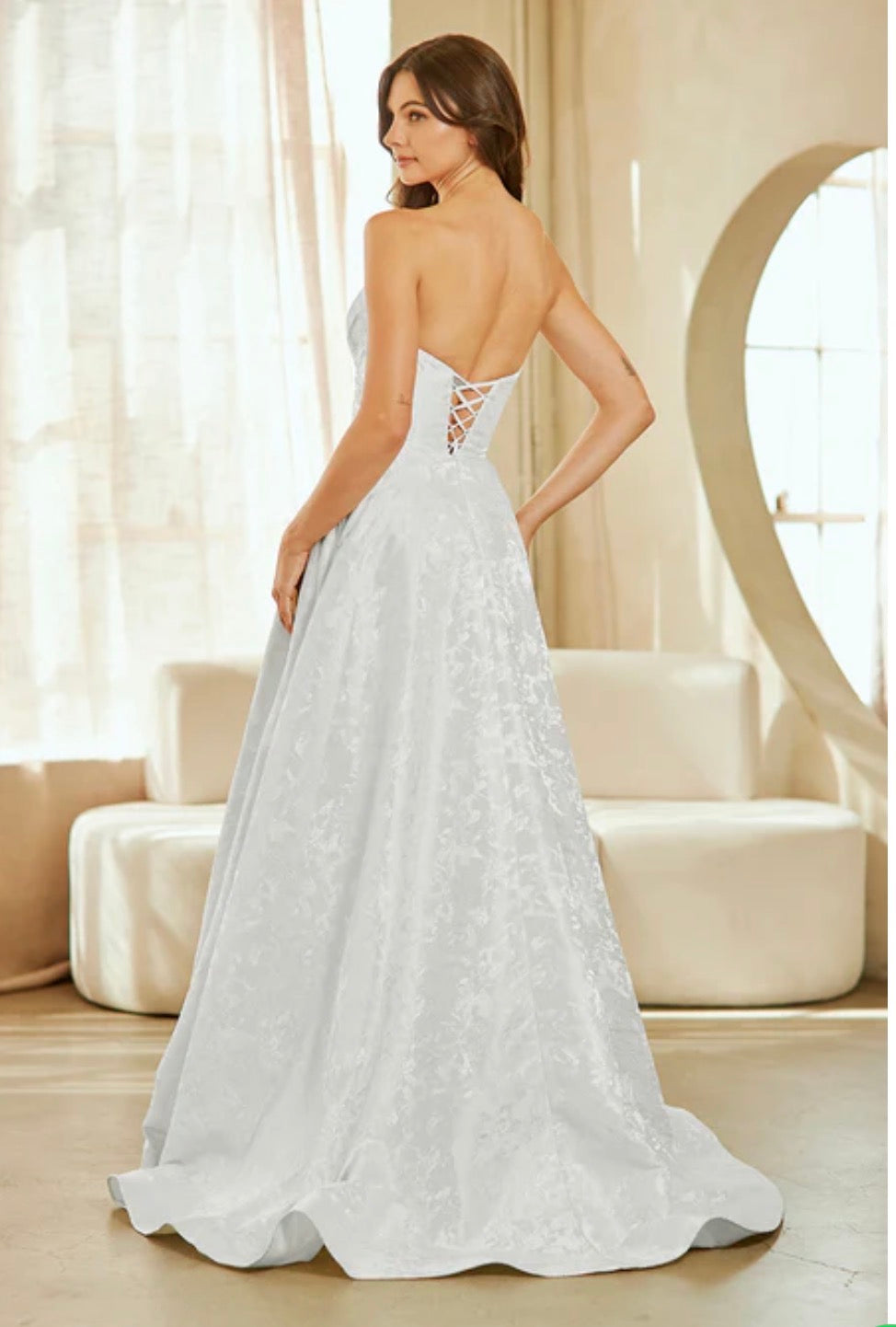 Stunning Strapless Jacquard Wedding Gown with Lace-Up Corset Back