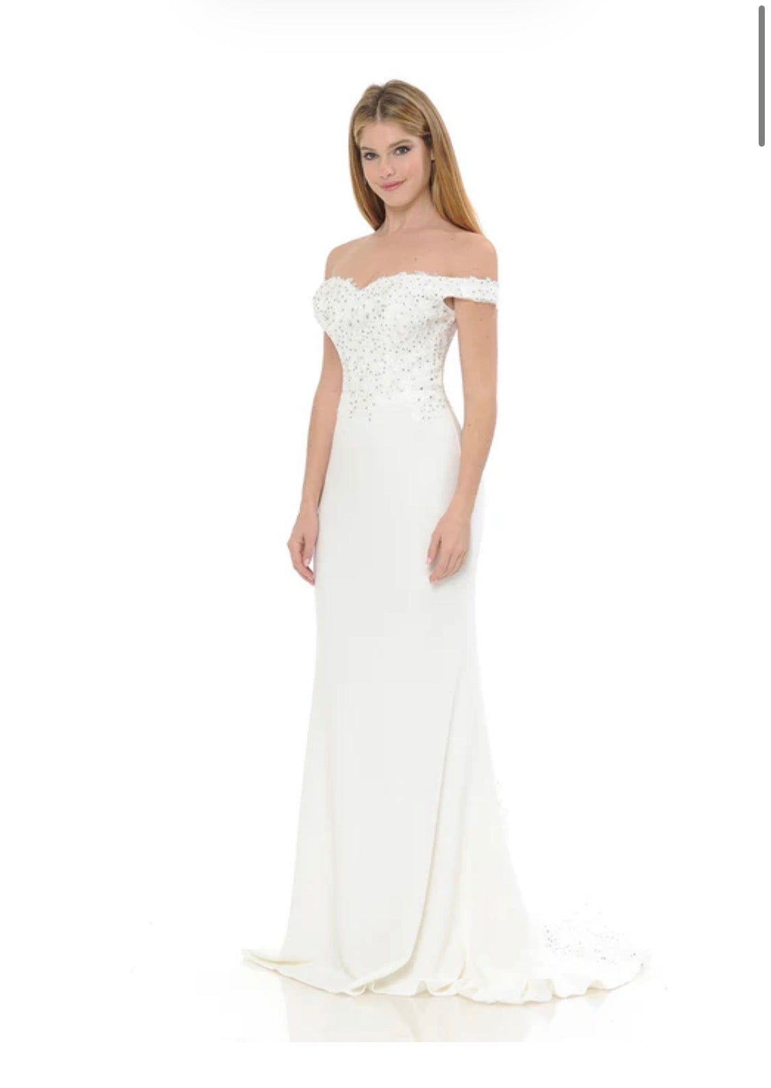 Stunning Off the Shoulder Ivory Mermaid Style Crepe Wedding Gown with Beaded Bodice