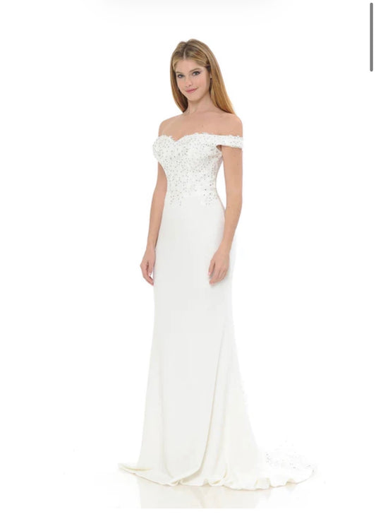 Stunning Off the Shoulder Ivory Mermaid Style Crepe Wedding Gown with Beaded Bodice