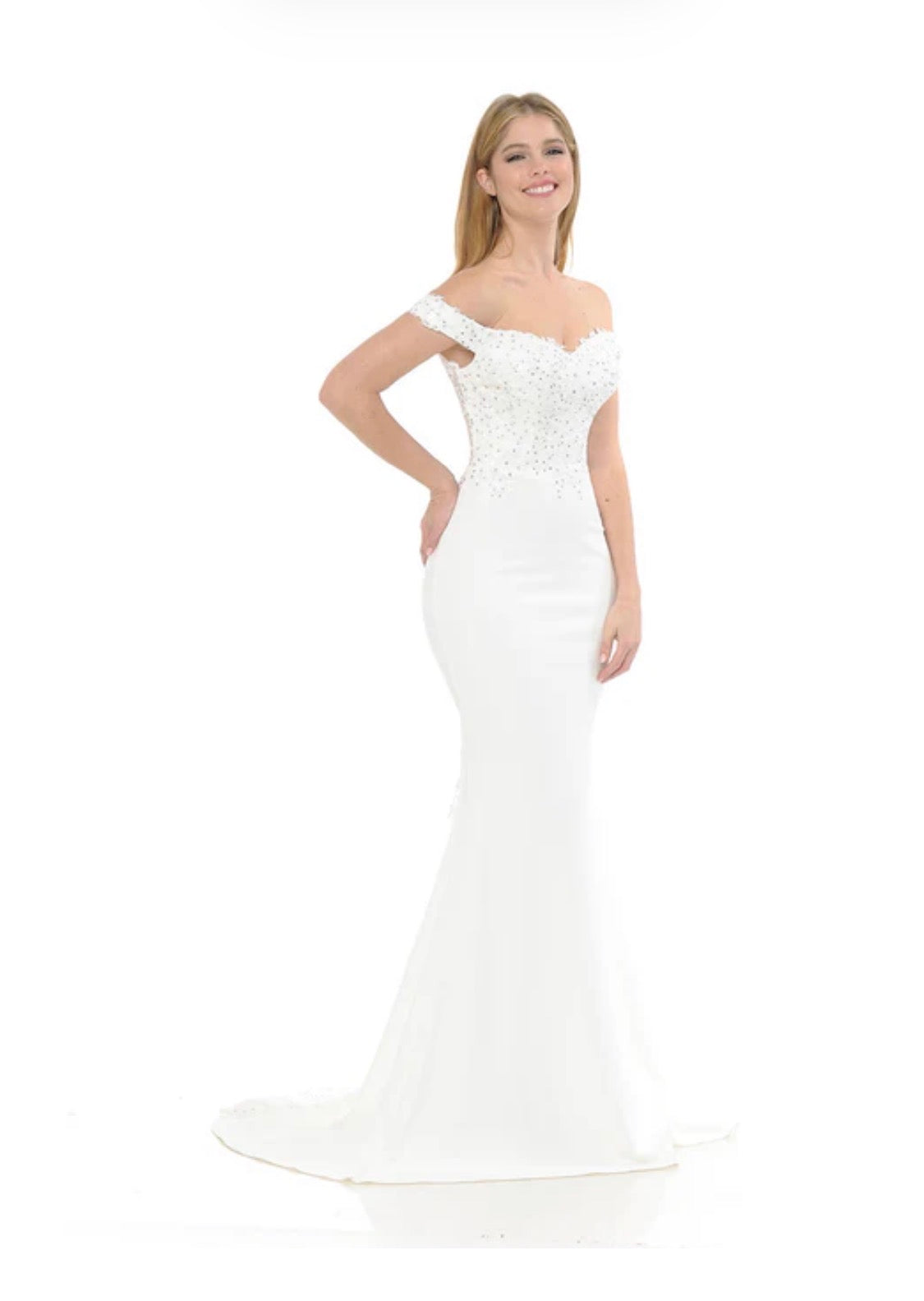 Stunning Off the Shoulder Ivory Mermaid Style Crepe Wedding Gown with Beaded Bodice