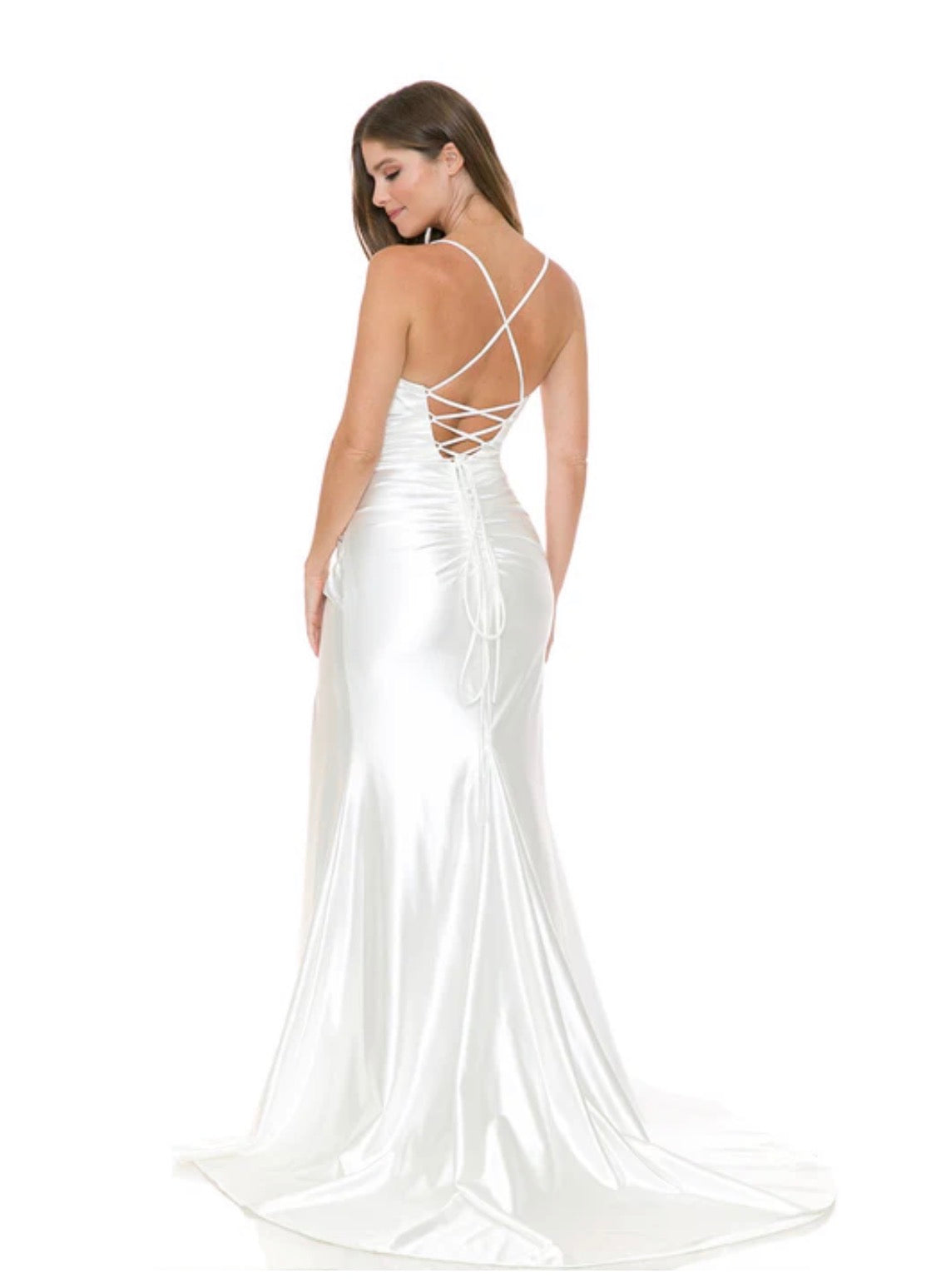 Dreamy Lace-Up Back Mermaid Stretch Satin Wedding Gown with Spaghetti Straps & Side Slit
