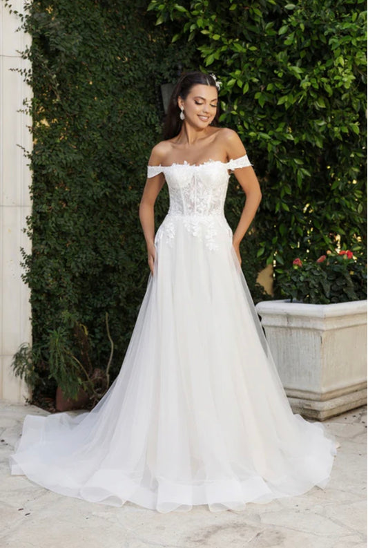 Off the Shoulder A-Line Corset Bodice Wedding Gown with Lace-Up Back with Floral Lace Detailing and Sweep Train