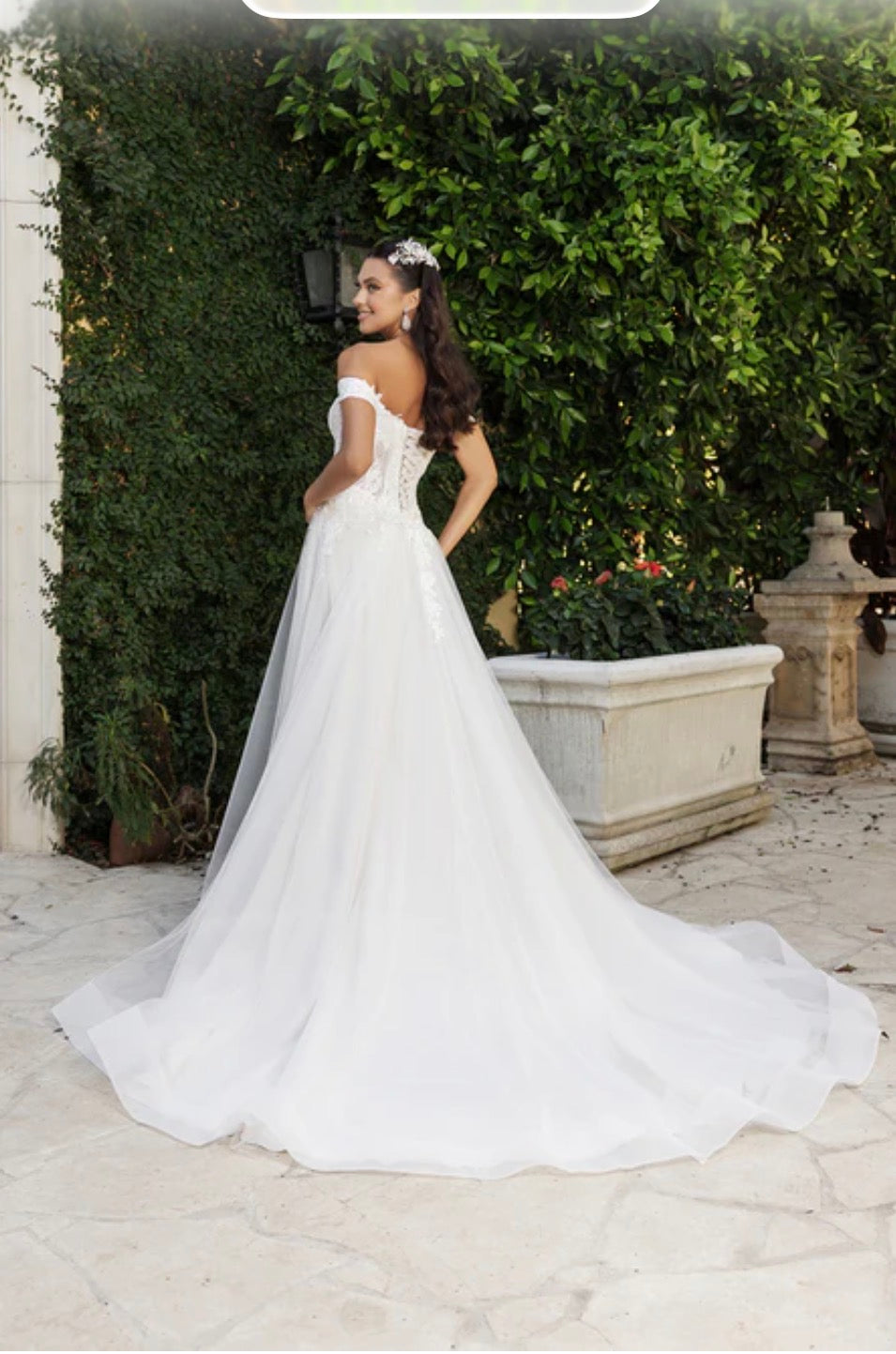 Off the Shoulder A-Line Corset Bodice Wedding Gown with Lace-Up Back with Floral Lace Detailing and Sweep Train