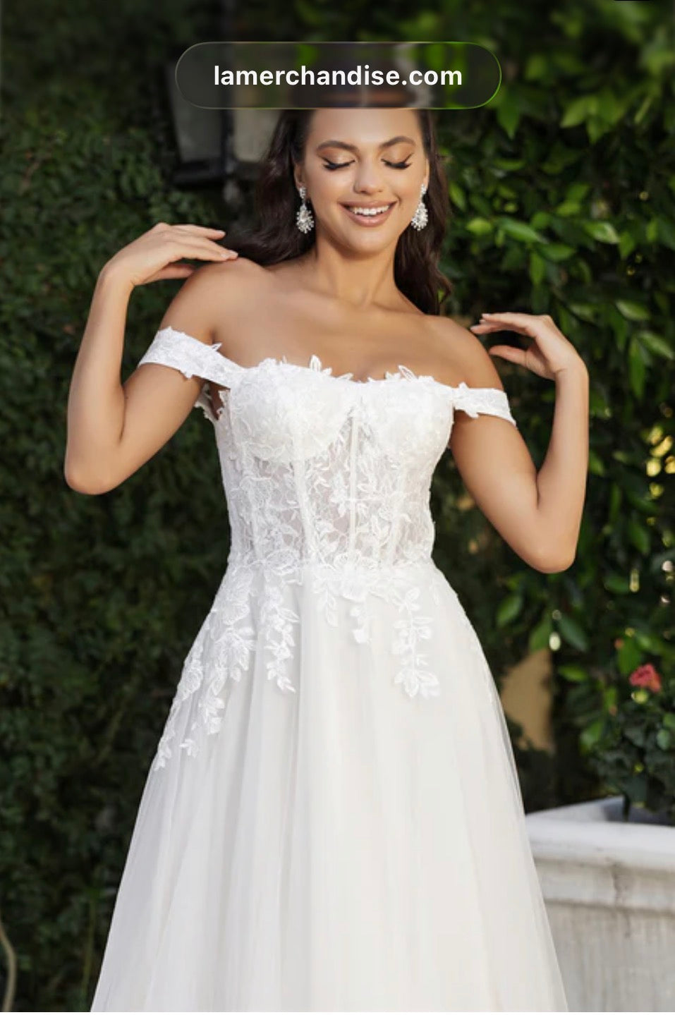 Off the Shoulder A-Line Corset Bodice Wedding Gown with Lace-Up Back with Floral Lace Detailing and Sweep Train