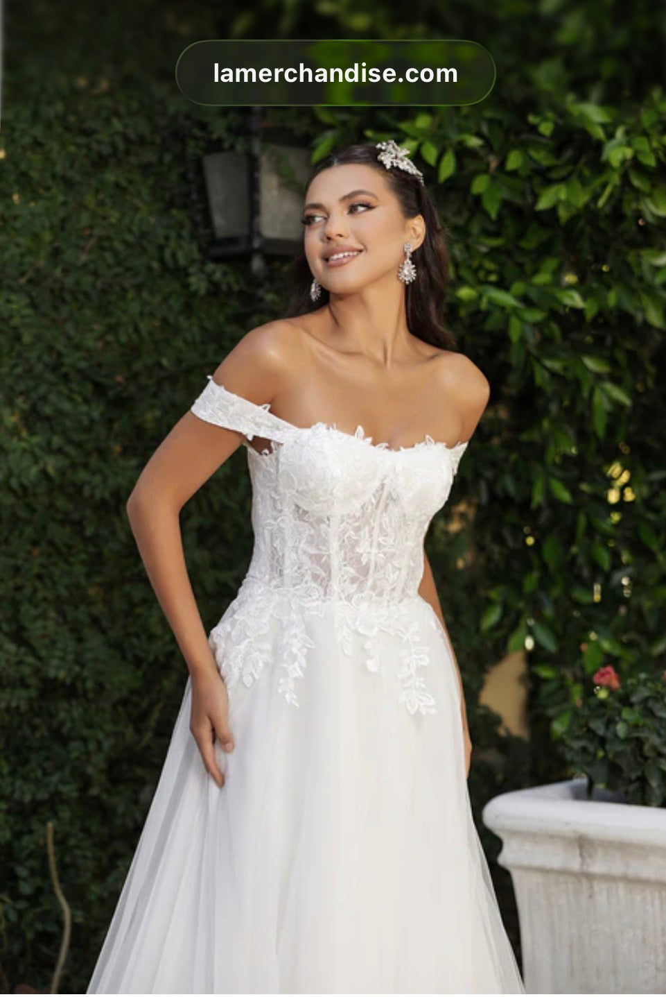 Off the Shoulder A-Line Corset Bodice Wedding Gown with Lace-Up Back with Floral Lace Detailing and Sweep Train