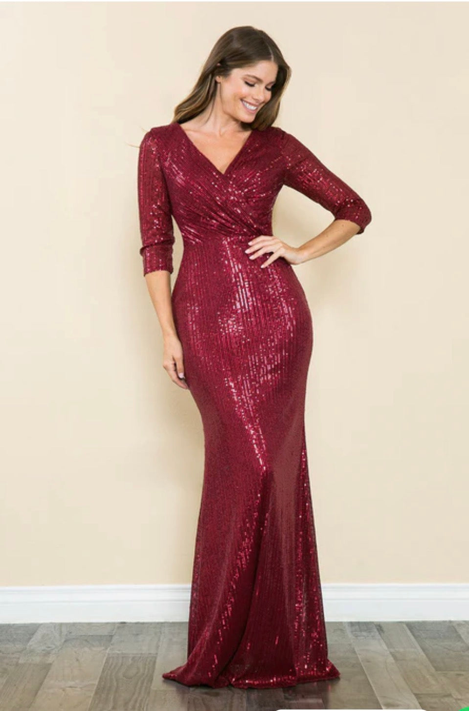 3/4 Sleeve Sequin V-Neck Mother of the Bride Gown