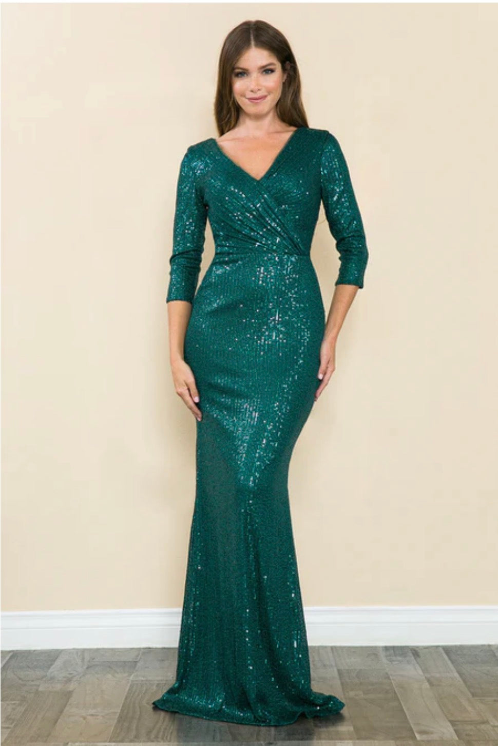 3/4 Sleeve Sequin V-Neck Mother of the Bride Gown