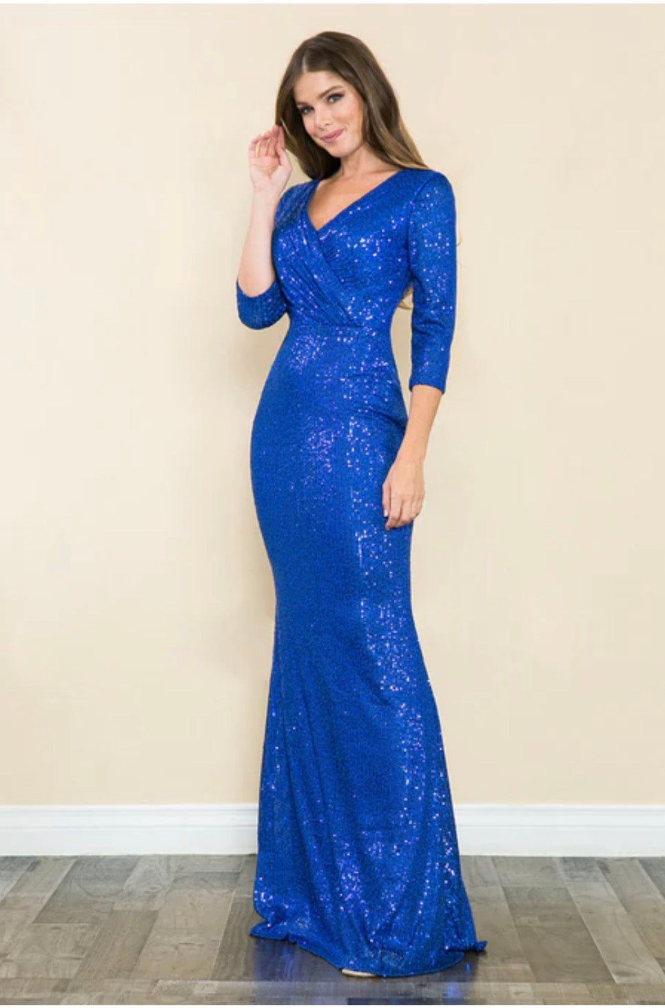 3/4 Sleeve Sequin V-Neck Mother of the Bride Gown
