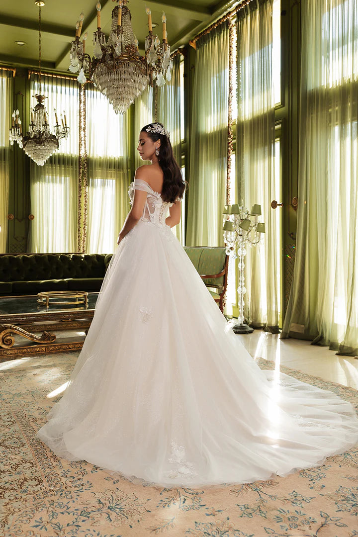 Off the Shoulder Ball Gown Wedding Gown with Sweetheart Neckline and Sequin Accents