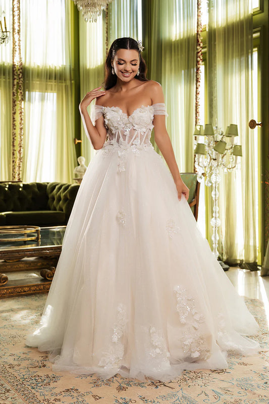 Off the Shoulder Ball Gown Wedding Gown with Sweetheart Neckline and Sequin Accents